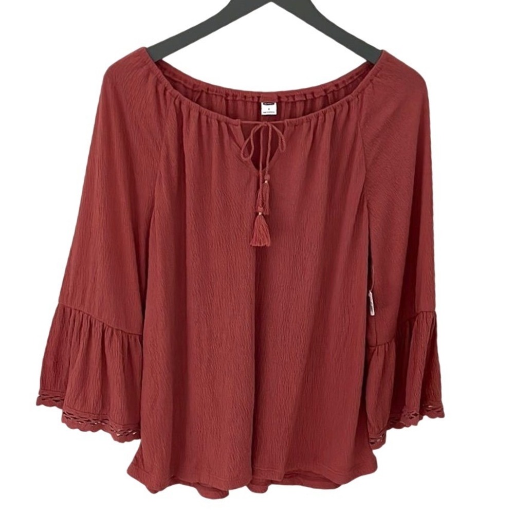 Old Navy Bell Sleeve Tassel Tie Neck Boho Blouse Top Rust Red‎ Small